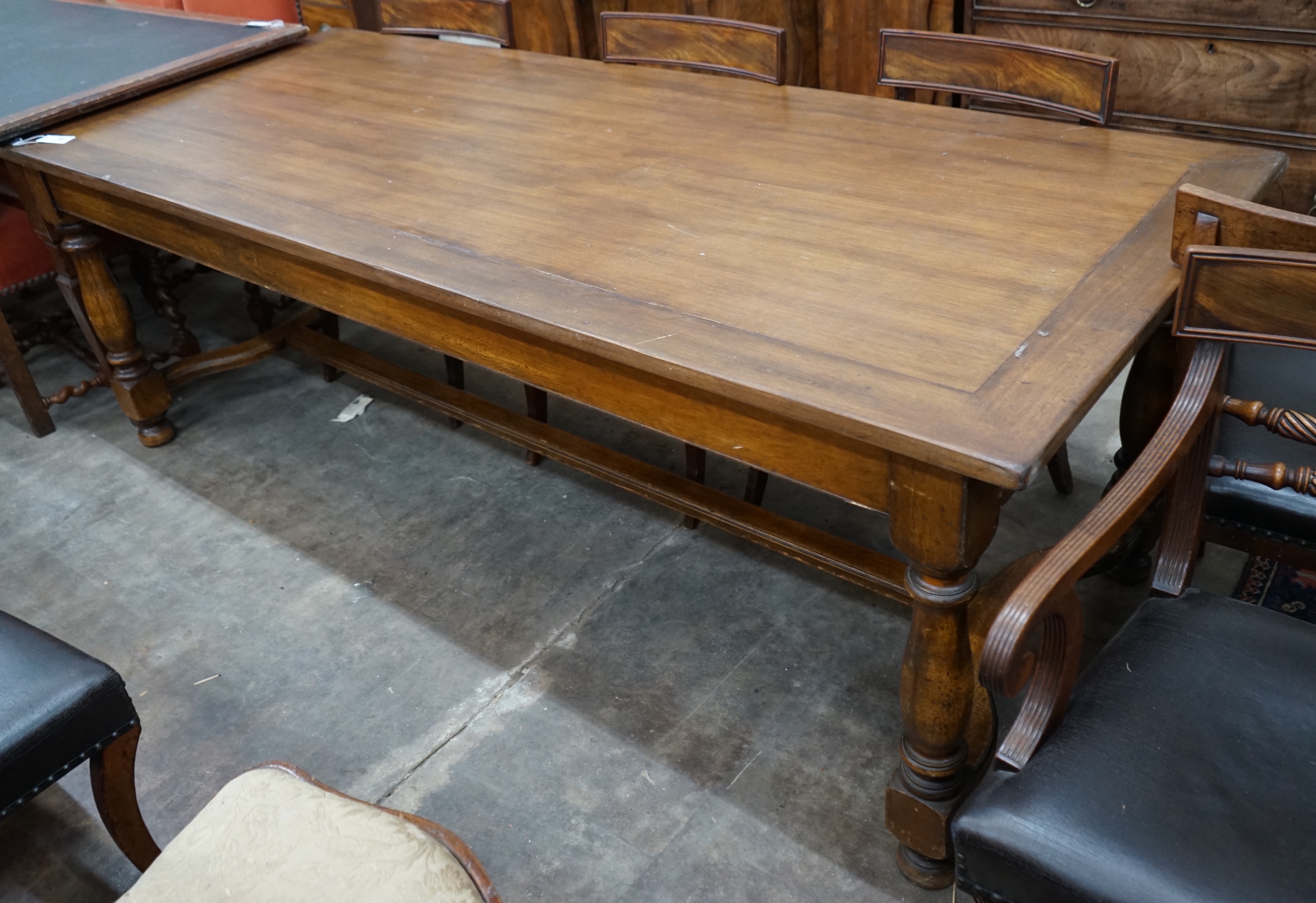 An 18th century style rectangular oak and walnut refectory dining table, 216cm width 89cm height 76cm